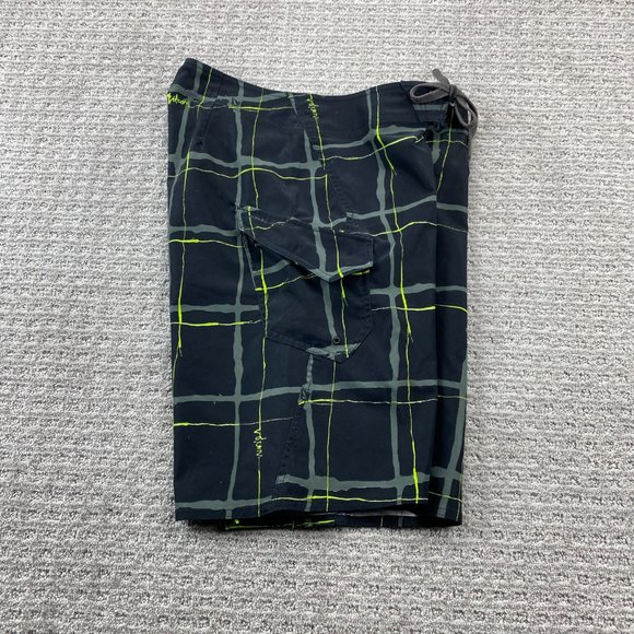 VOLCOM Swim Trunks Men 30 Black Neon Green Plaid MAGU Board Shorts Swimming Suit - Picture 7 of 12